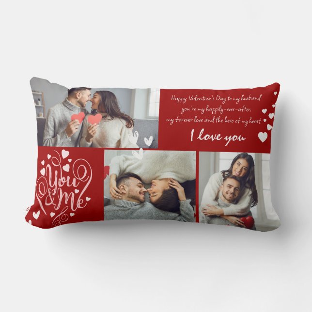 Valentines day couple Photo collage red and pink Lumbar Pillow (Front)