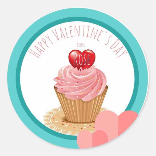 Valentine's Day Cupcake Heart Classic Round Sticker (Front)