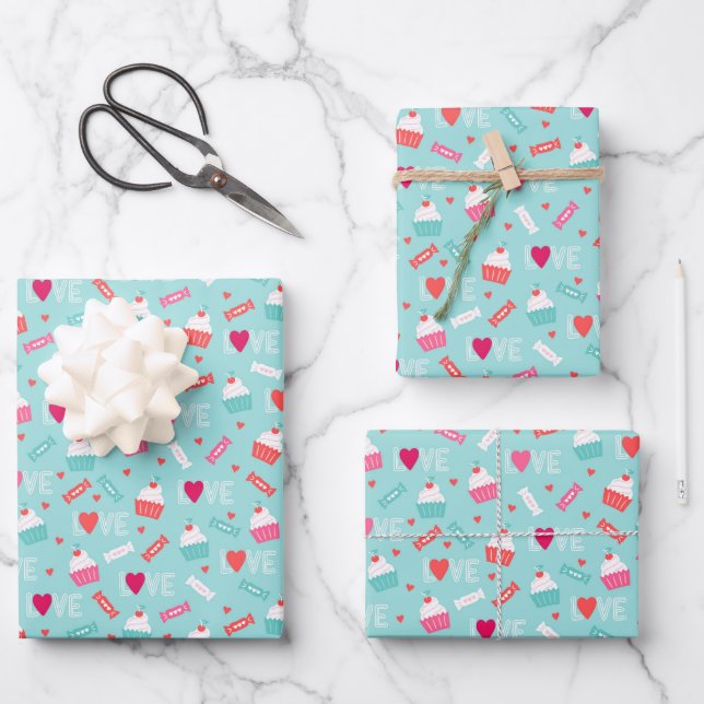 Valentine's Day Cupcakes Candy Red Hearts Wrapping Paper Sheet (Front)