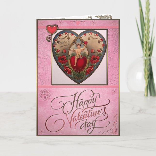 Valentine's Day - Cupid and a big red heart. Holiday Card (Front)