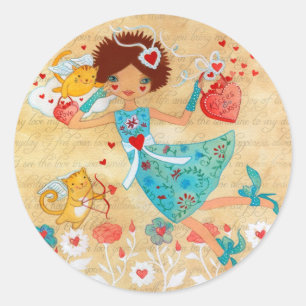 Valentine's Day Cupid Cats with Hearts and Flowers Classic Round Sticker