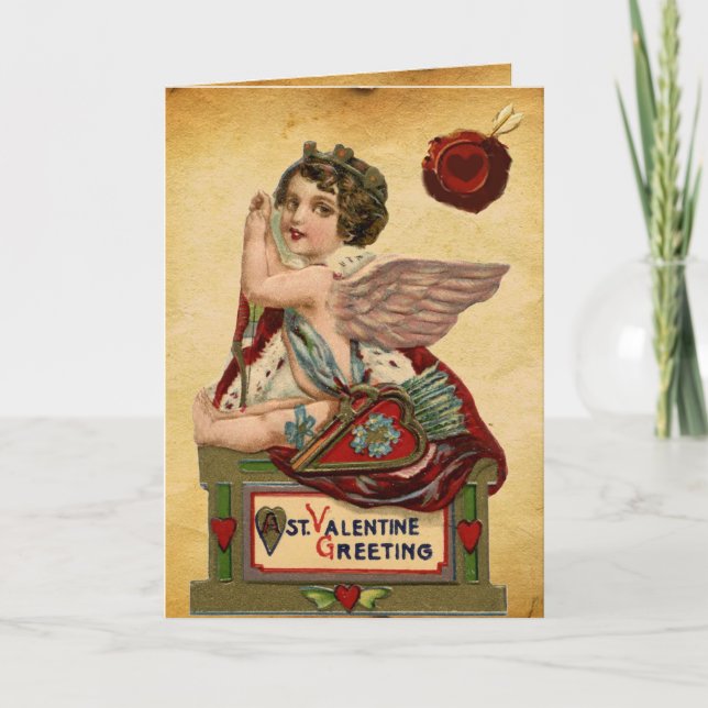 VALENTINE'S DAY CUPID WITH ARROWS, RED WAX SEAL HOLIDAY CARD (Front)