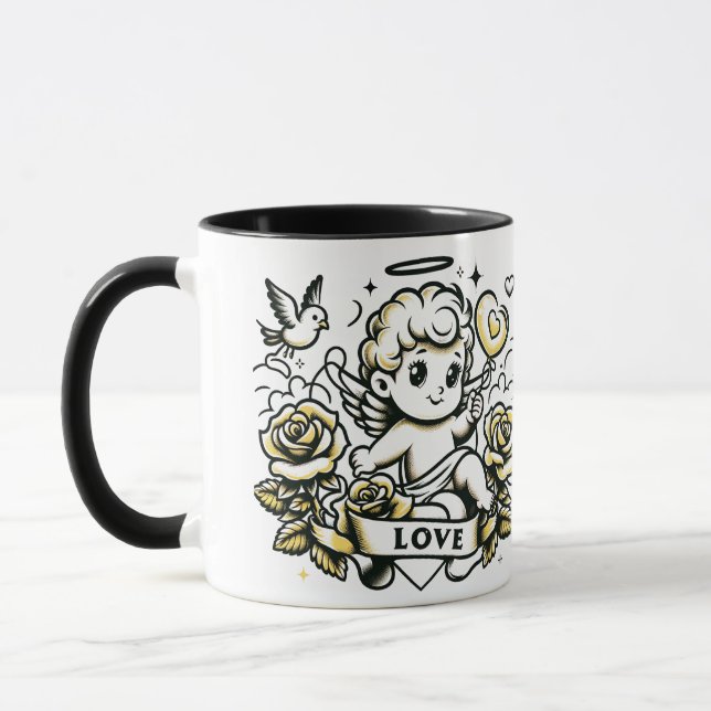 Valentine's Day cupid with yellow roses and dove Mug (Left)