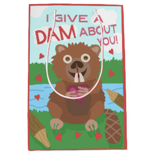 Valentine's Day Cute Beaver Give a Dam Pun Funny Medium Gift Bag