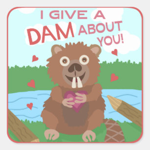 Valentine's Day Cute Beaver Give a Dam Pun Funny Square Sticker