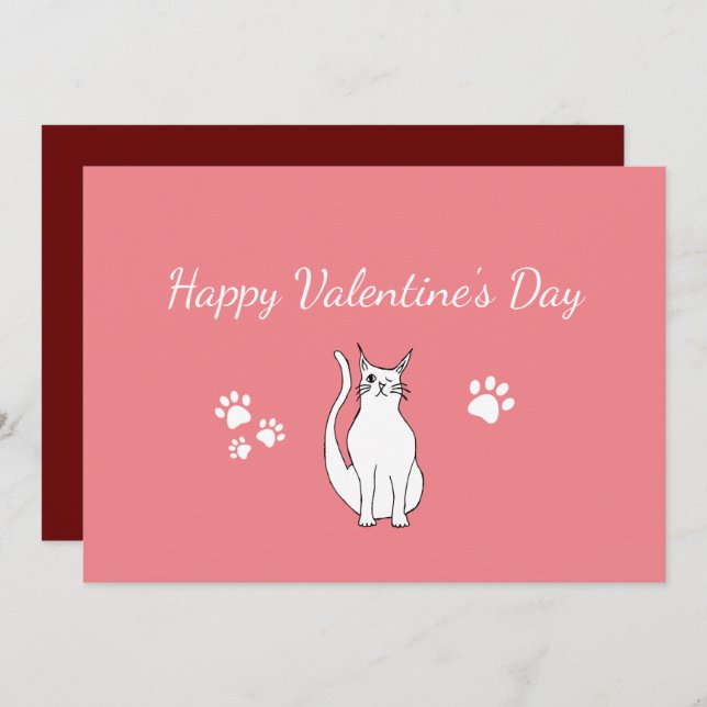 Valentine's Day Cute Cat Drawing Pink Red Holiday Card (Front/Back)