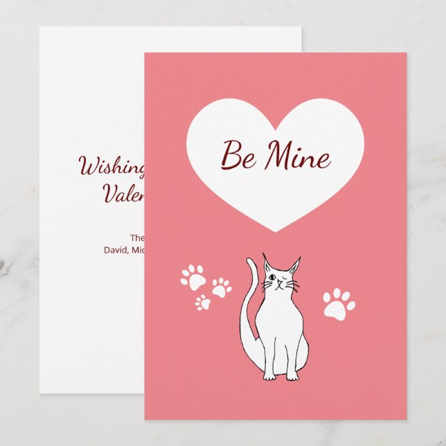 Valentine's Day Cute Cat Hand Drawn Pink Holiday Card (Front/Back)