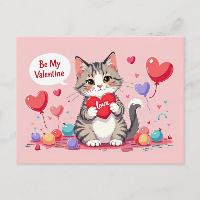 Valentines Day Cute Cat Hearts Be My Valentine Postcard (Front)