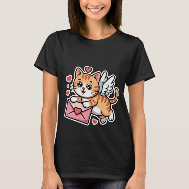 Valentine's Day Cute Cupid Cat Love Letter Art🐱💌 T-Shirt (Front)