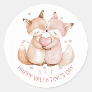 Valentine's Day Cute Fox Couple Custom Initials Classic Round Sticker