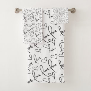 Valentines Day Cute Hand Drawn Hearts Black White Bath Towel Set