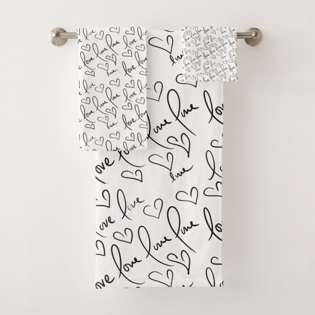 Valentines Day Cute Hand Drawn Hearts Black White Bath Towel Set (Insitu)