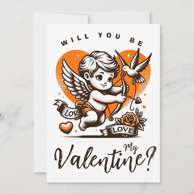 Valentine's Day cute orange heart cupid  Holiday Card (Front)