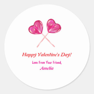  Valentine's Day Cute Pink Lollipops Heart Name  Classic Round Sticker