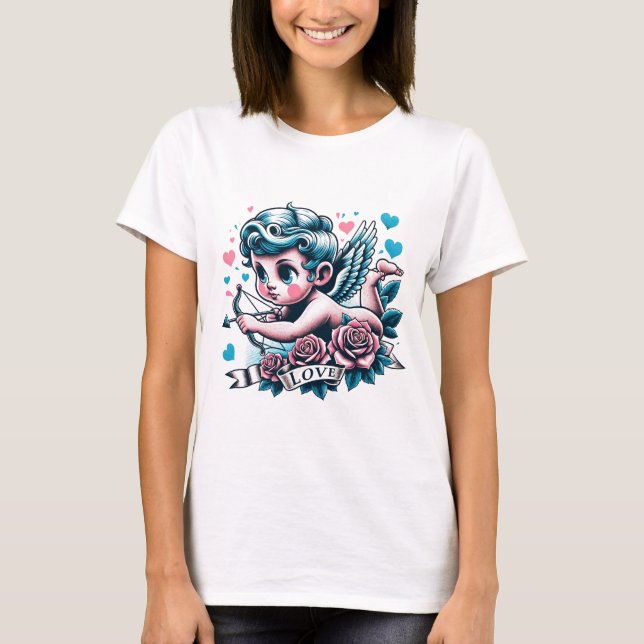 Valentine's Day cute pink teal cupid  T-Shirt (Front)