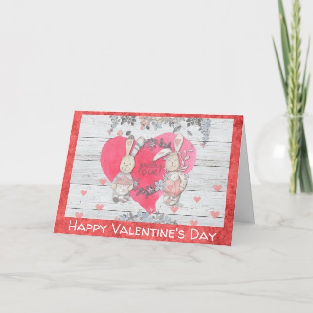 Valentines Day Cute Rustic Bunny Rabbit Card (Front)