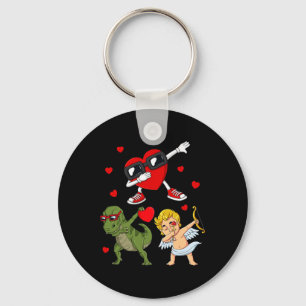 Valentines Day Dabbing Heart And Cupid Fun T Rex B Keychain