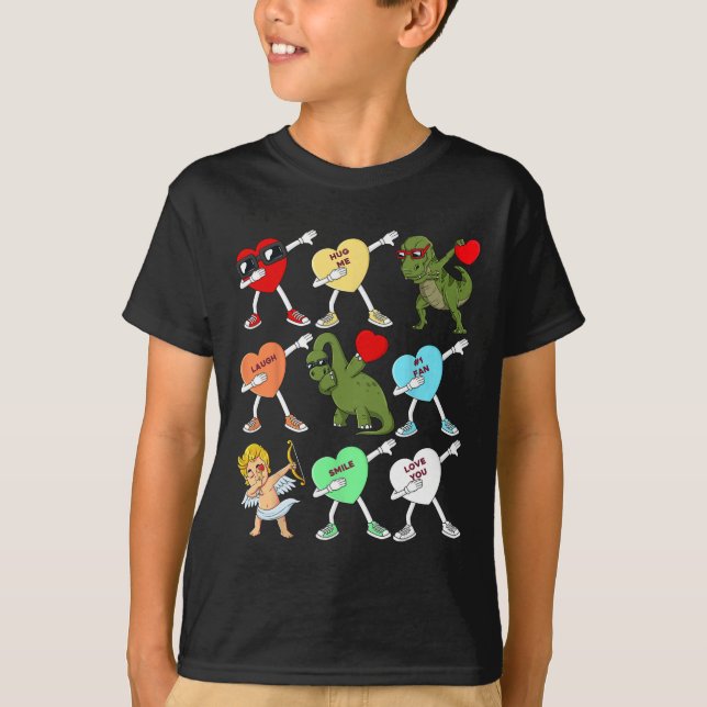 Valentines Day Dabbing Hearts Cupid T Rex Dino Dab T-Shirt (Front)