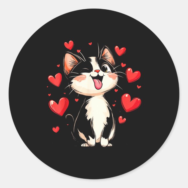Valentines Day Design With A Cat On It  Classic Round Sticker (Front)
