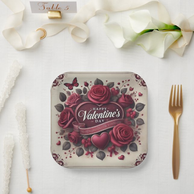 Valentine's Day Design With Roses and Heart    Paper Plate (Wedding)