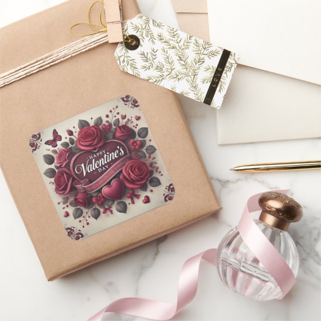 Valentine's Day Design With Roses and Heart Square Sticker (Gifting)