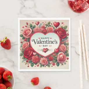 Valentine's Day Design with Roses and Hearts Napkin
