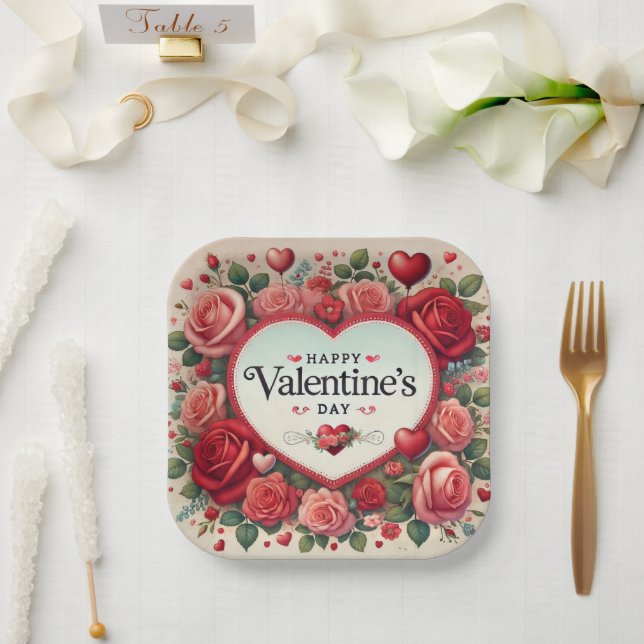 Valentine's Day Design with Roses and Hearts Paper Plate (Wedding)