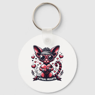 Valentine's Day Devon Rex Cat I Steal Hearts Keychain