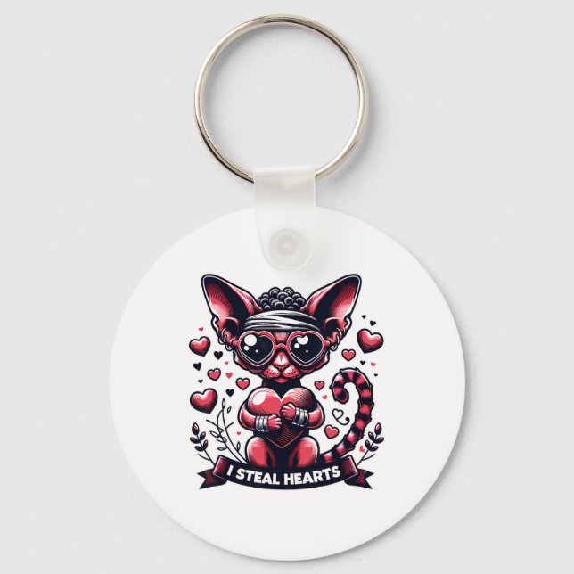 Valentine's Day Devon Rex Cat I Steal Hearts  Keychain (Front)