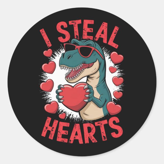 Valentines Day Dinosaur I Steal Hearts Love T rex Classic Round Sticker (Front)