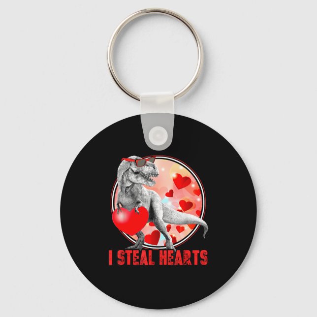 Valentines Day Dinosaur T Rex I Steal Hearts Funny Keychain (Front)