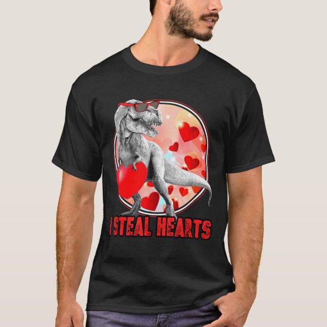 Valentines Day Dinosaur T Rex I Steal Hearts Funny T-Shirt (Front)