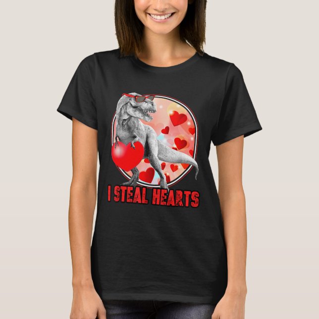 Valentines Day Dinosaur T Rex I Steal Hearts Funny T-Shirt (Front)