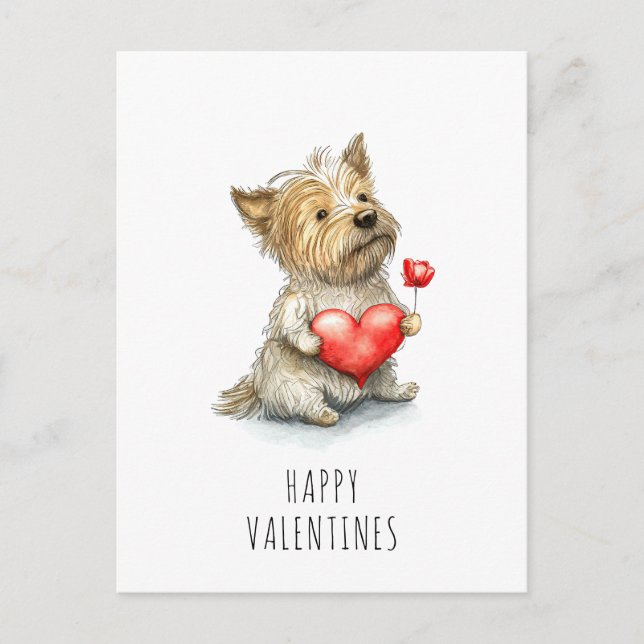 Valentines Day Dog Holding Heart Watercolor Sweet Postcard (Front)