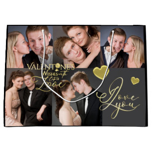 Valentine's Day Elegant Gold Photo Collage  Large Gift Bag