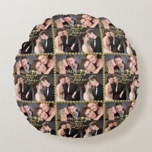 Valentine's Day Elegant Gold Photo Collage  Round Pillow