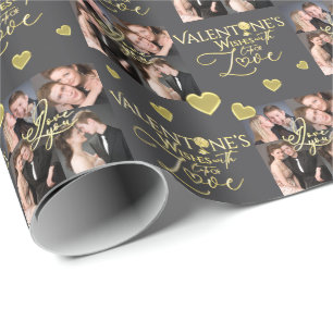 Valentine's Day Elegant Gold Photo Collage Wrapping Paper
