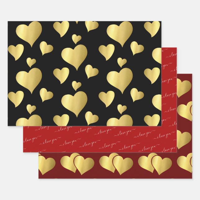 VALENTINE'S DAY FAUX GOLD FOIL I LOVE YOU HEARTS WRAPPING PAPER SHEET (Set)