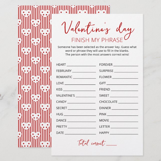 Valentine's day Finish my phrase Editable game (Front/Back)