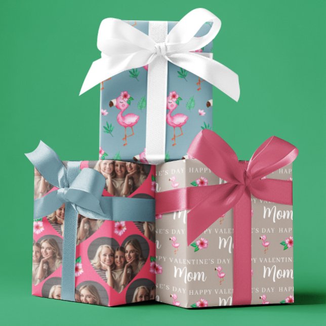 Valentine's Day Flamingo Wrapping Paper Sheets (Celebrate mom this Valentine's Day with these personalized photo flamingo wrapping paper sheets! )