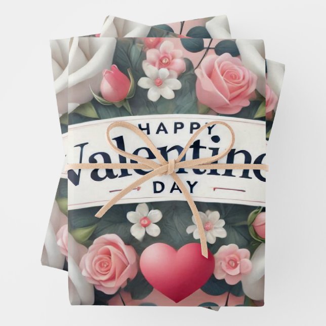 Valentine's Day Floral Heart Design   Wrapping Paper Sheet (In situ)