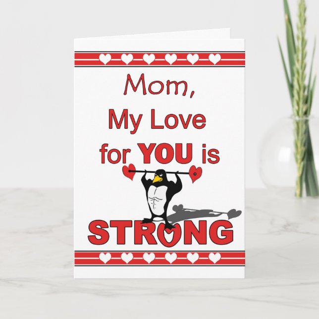 Valentine's Day for Mom Penguin Abs Weights Holiday Card (Front)