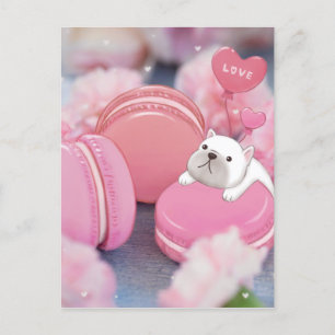 Valentine's Day: French Bulldog, Macarons & Flower Postcard