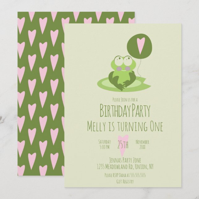 Valentines Day  Frog Birthday Balloon Green  Invitation (Front/Back)