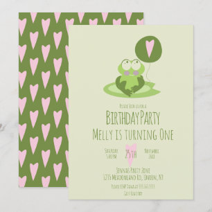 Valentines Day Frog Birthday Balloon Green Invitation