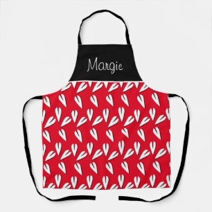 Valentines Day Geometric Hearts Black Red Name Apron