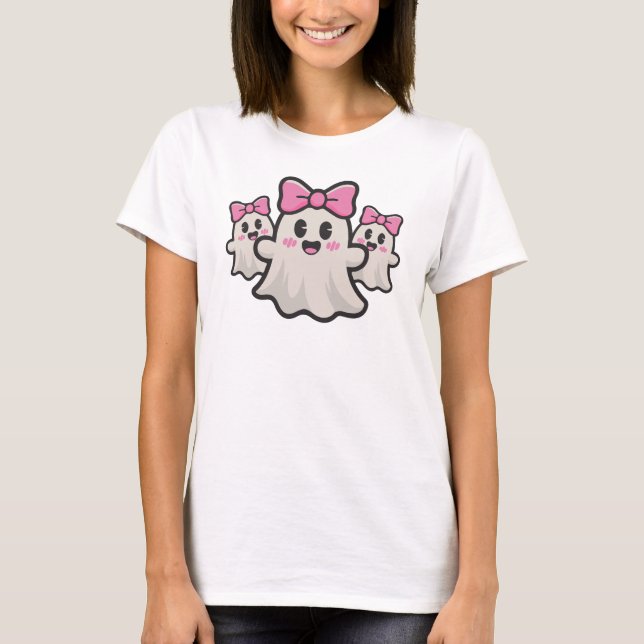 Valentine's Day Ghosts Pink Bow T-Shirt (Front)