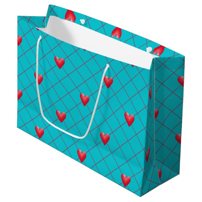 Valentine's Day Gift Bag, Red Hearts, Aqua Pattern Large Gift Bag (Front Angled)