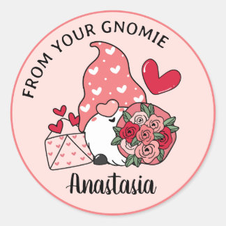 Valentines Day Gnome Custom Personalized From Name Classic Round Sticker