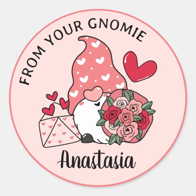Valentines Day Gnome Custom Personalized From Name Classic Round Sticker (Front)